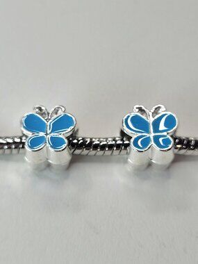 New! For Pandora Bracelet TWO bright blue and silver color butterfly charm beads
